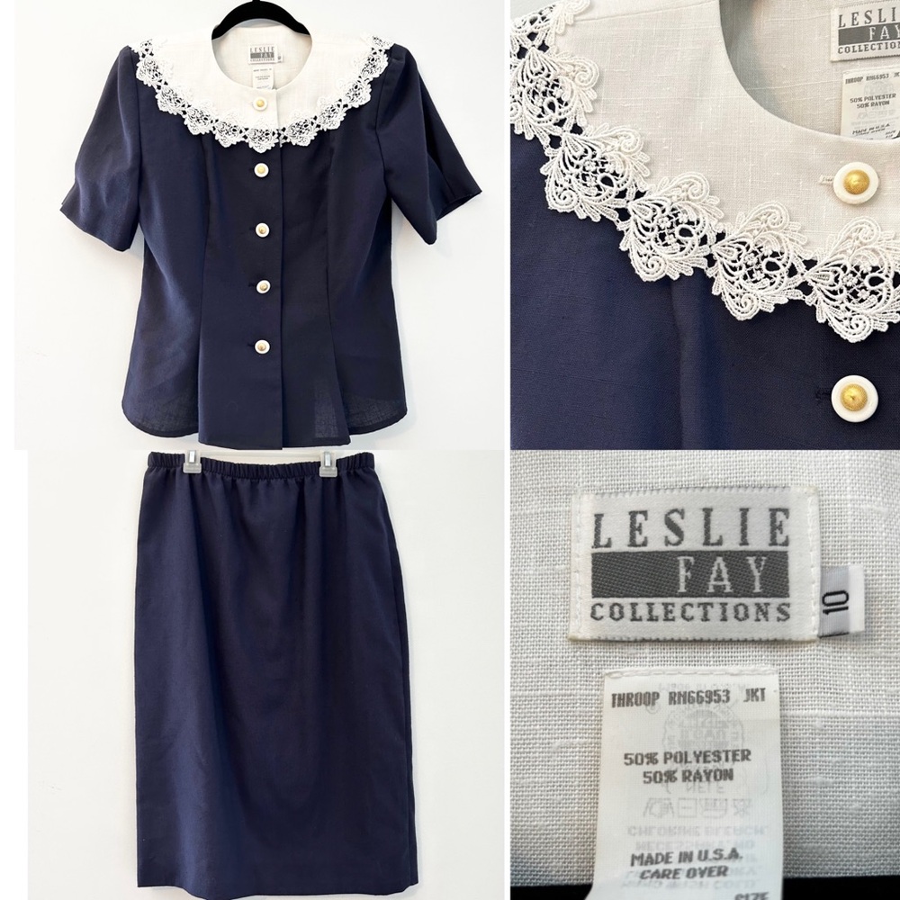 Leslie Fay Navy Dress Set with White Crochet Collar